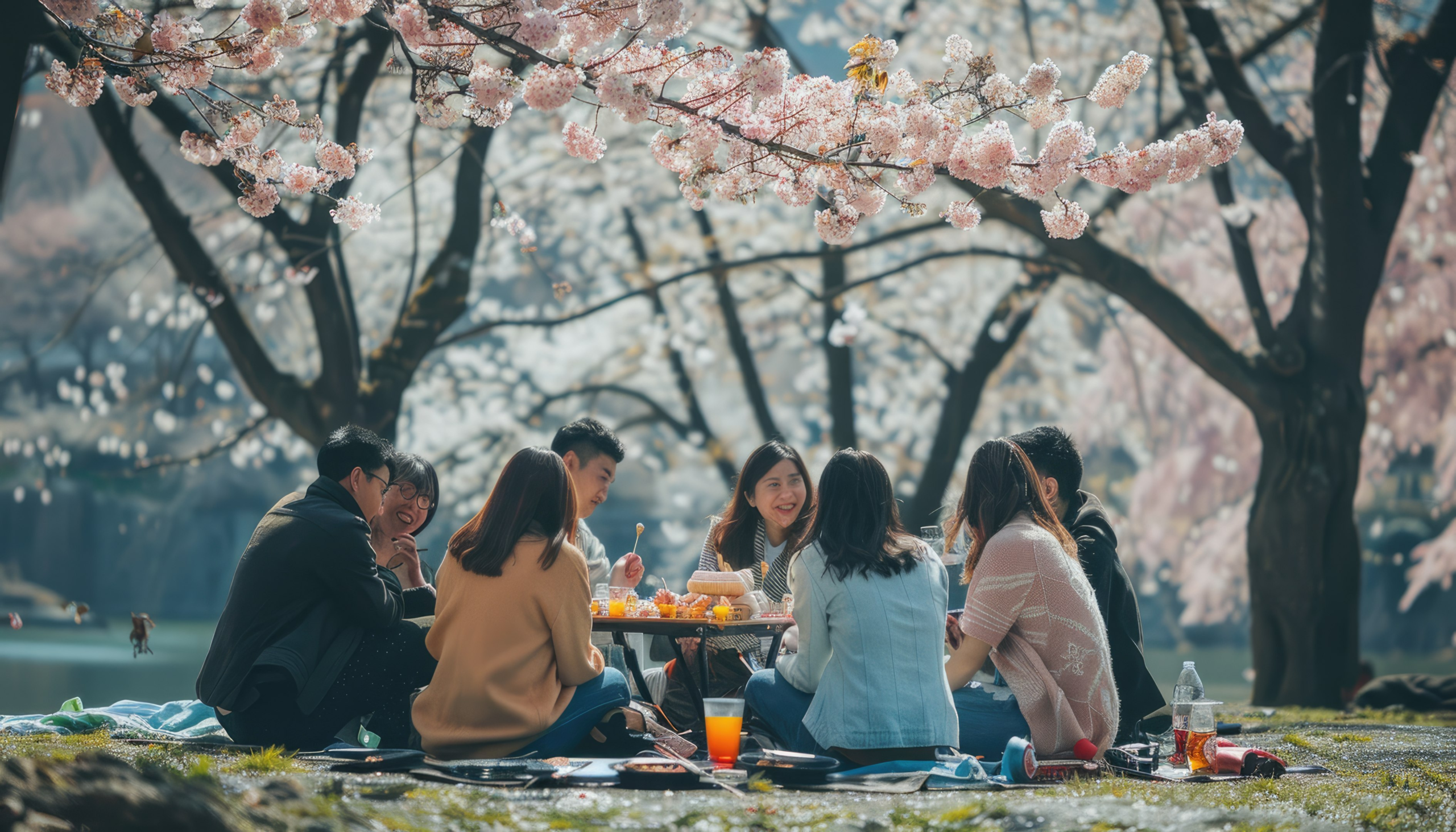 Japanese spring food Cherry Blossom Picnic under blooming trees, surrounded by natures beauty